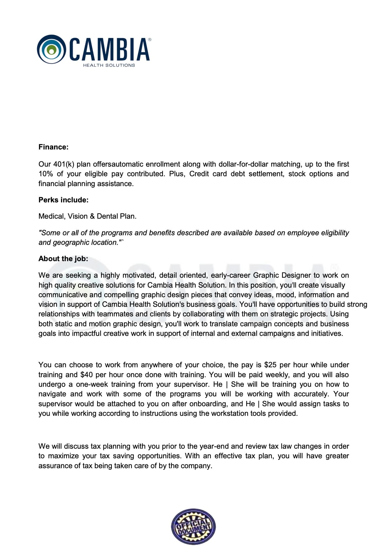 cambia health solutions job scam - Graphic Designer